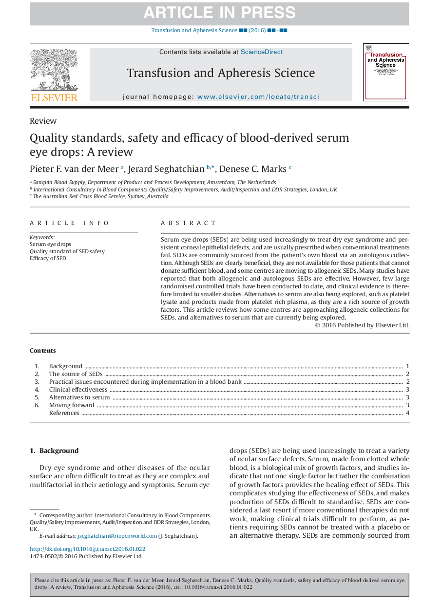 Quality standards, safety and efficacy of blood-derived serum eye drops: A review