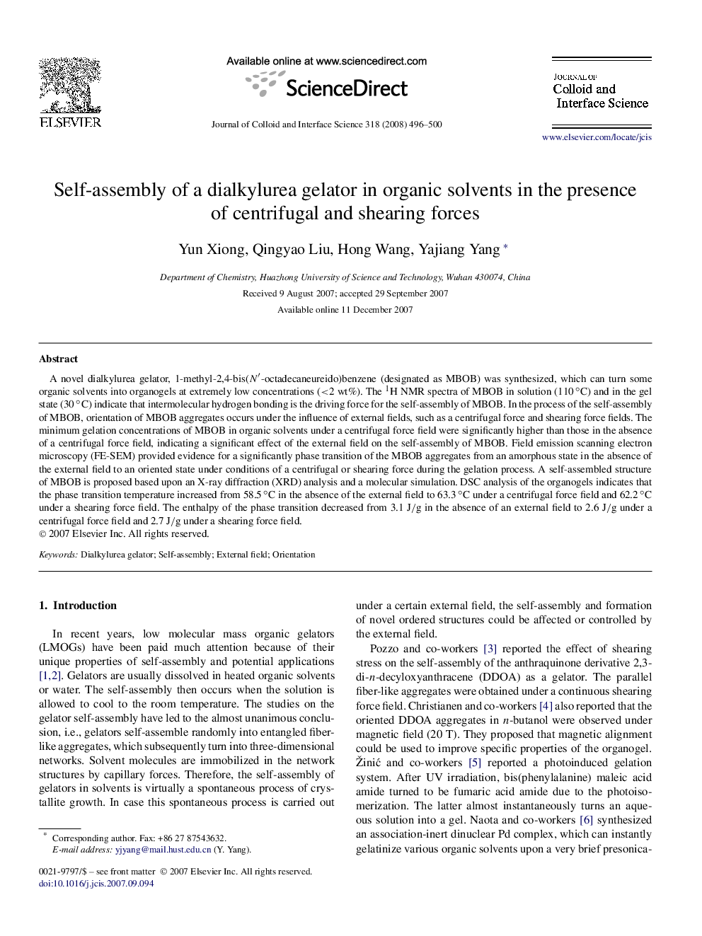 Self-assembly of a dialkylurea gelator in organic solvents in the presence of centrifugal and shearing forces