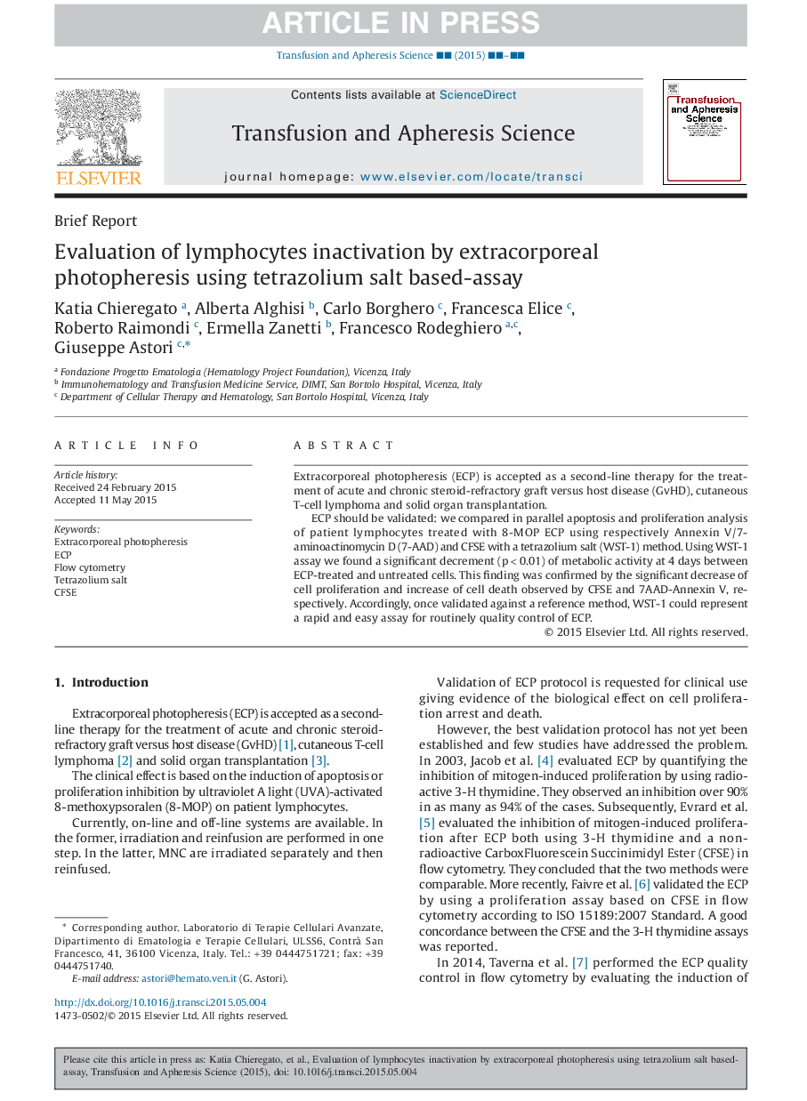 Evaluation of lymphocytes inactivation by extracorporeal photopheresis using tetrazolium salt based-assay