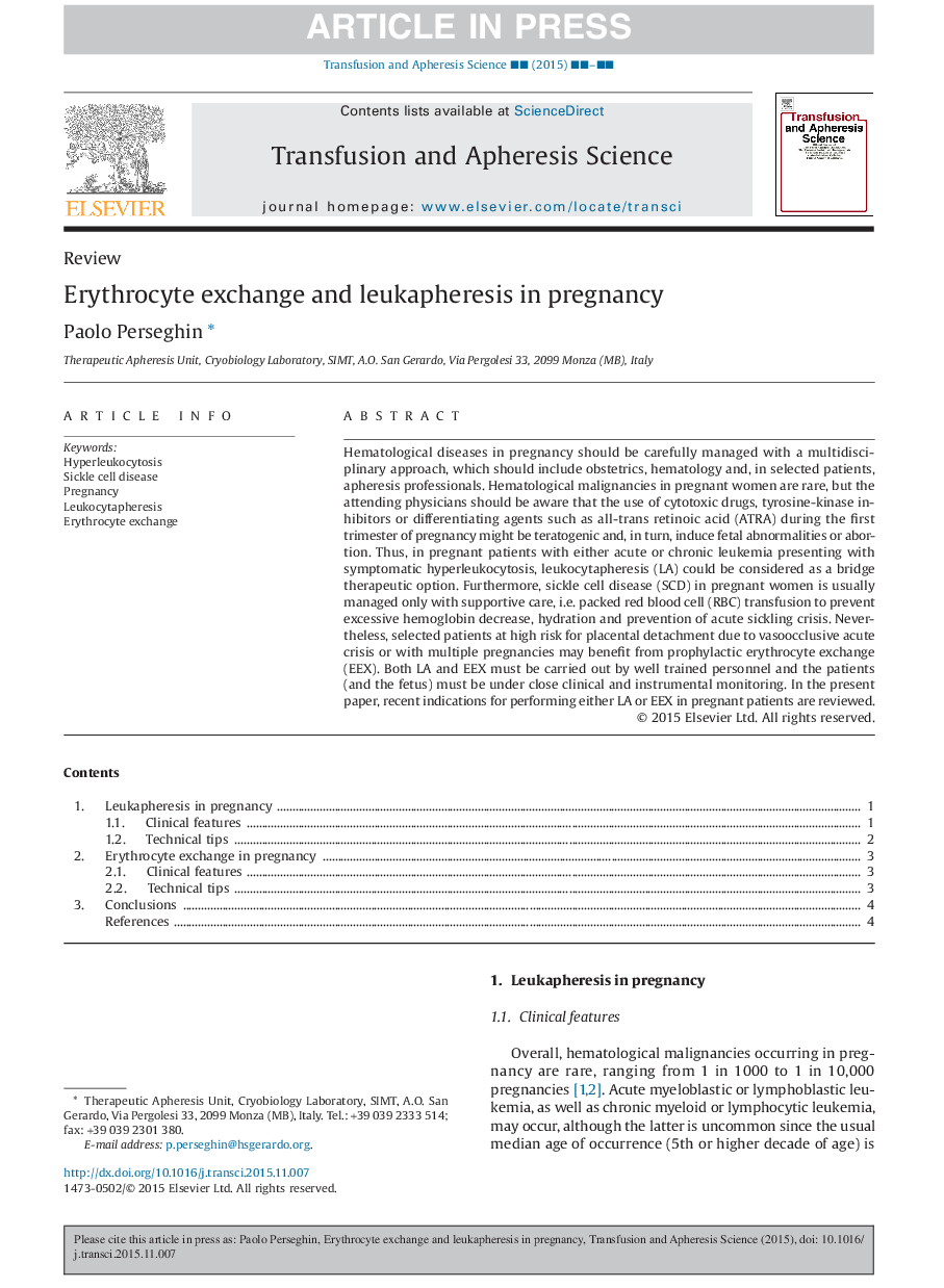 Erythrocyte exchange and leukapheresis in pregnancy