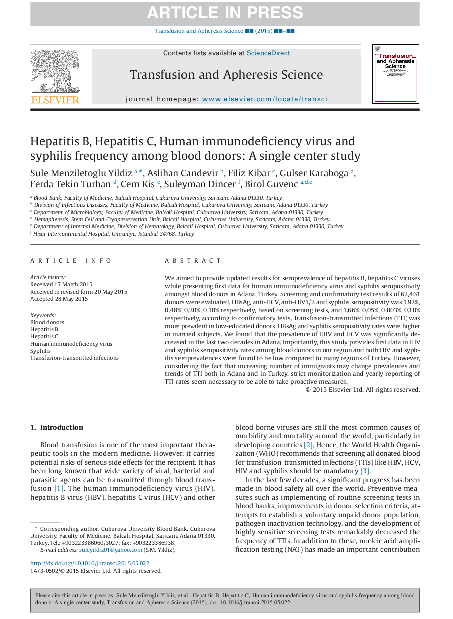 Hepatitis B, Hepatitis C, Human immunodeficiency virus and syphilis frequency among blood donors: A single center study