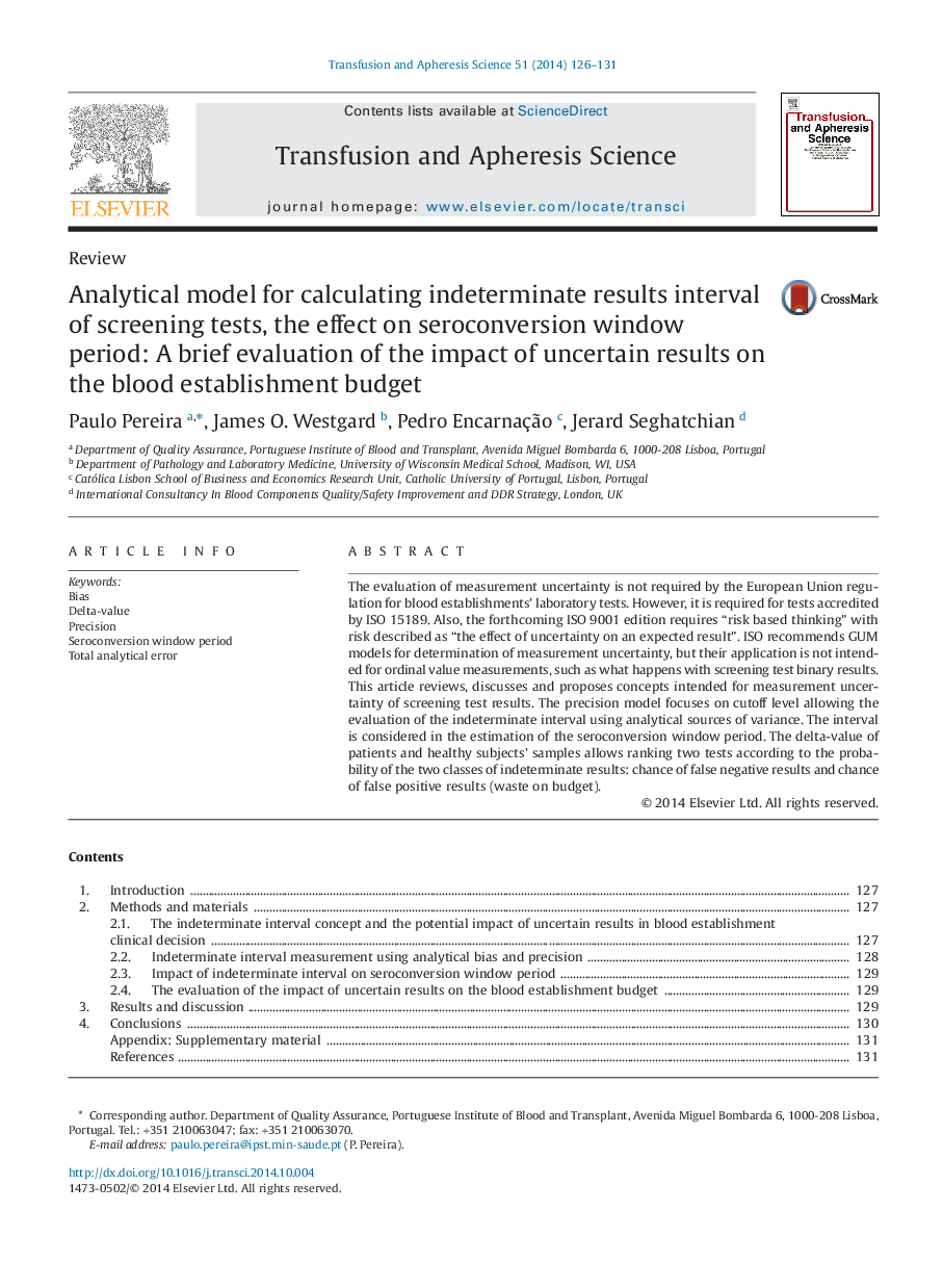 Analytical model for calculating indeterminate results interval of screening tests, the effect on seroconversion window period: A brief evaluation of the impact of uncertain results on the blood establishment budget