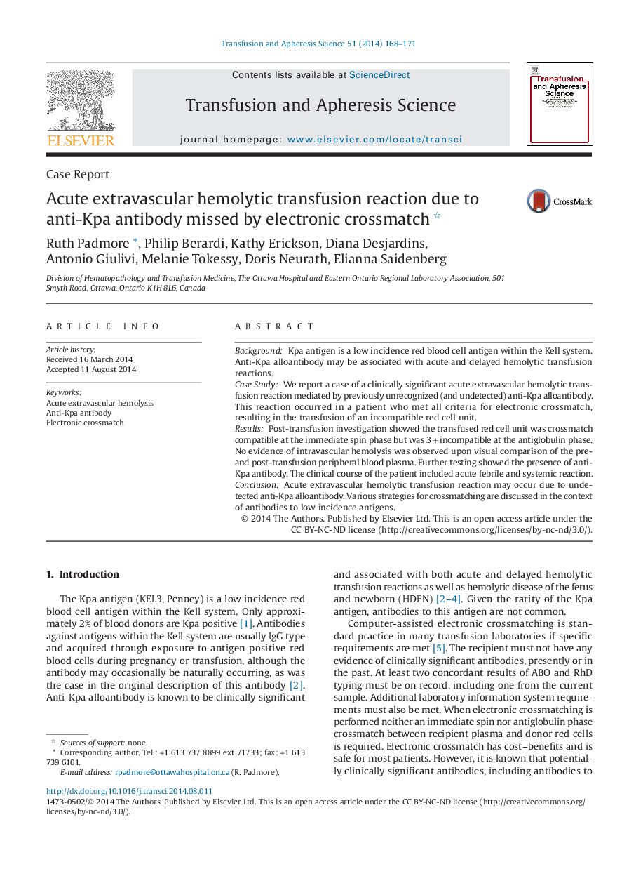 Acute extravascular hemolytic transfusion reaction due to anti-Kpa antibody missed by electronic crossmatch