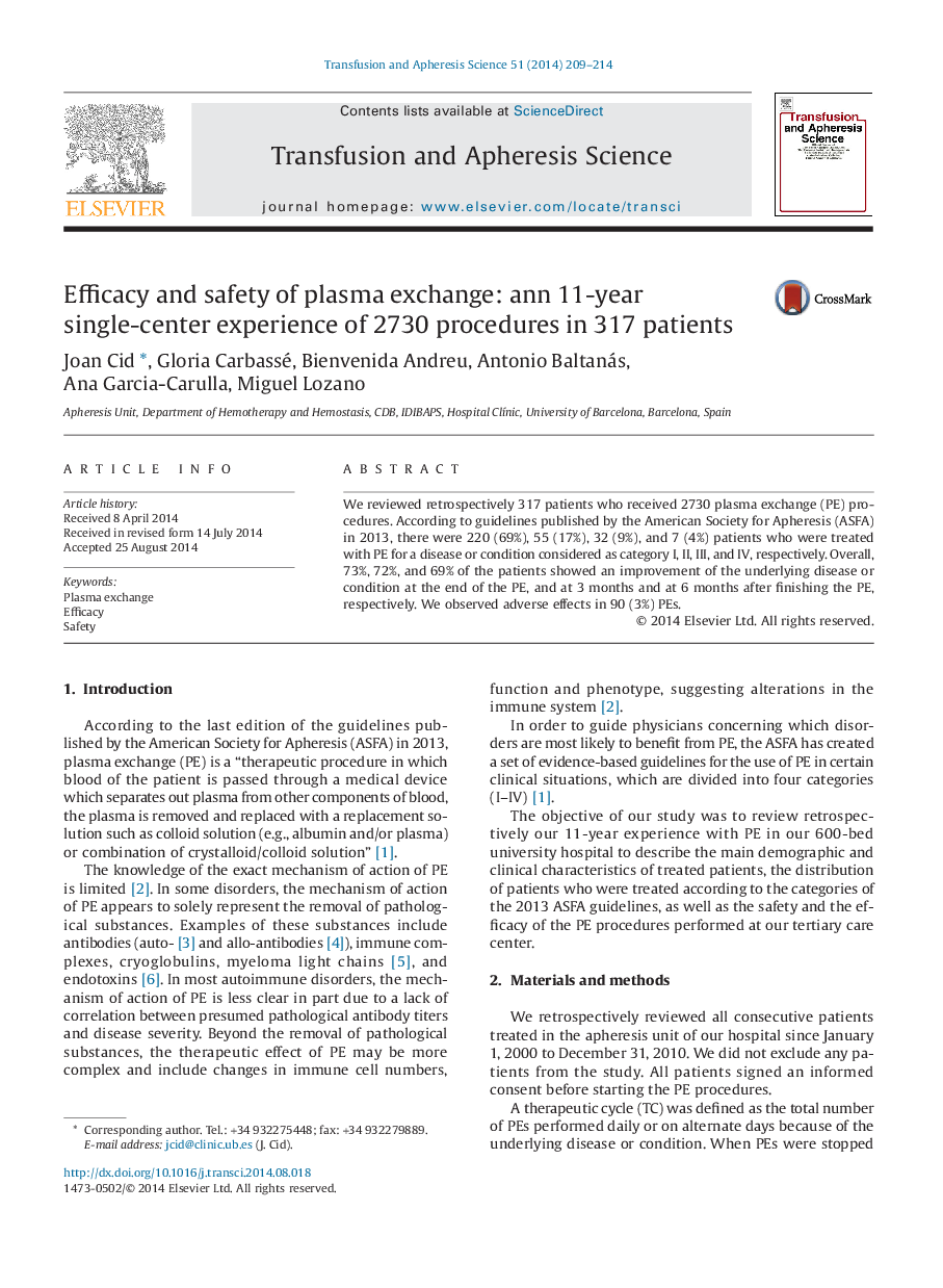 Efficacy and safety of plasma exchange: an 11-year single-center experience of 2730 procedures in 317 patients