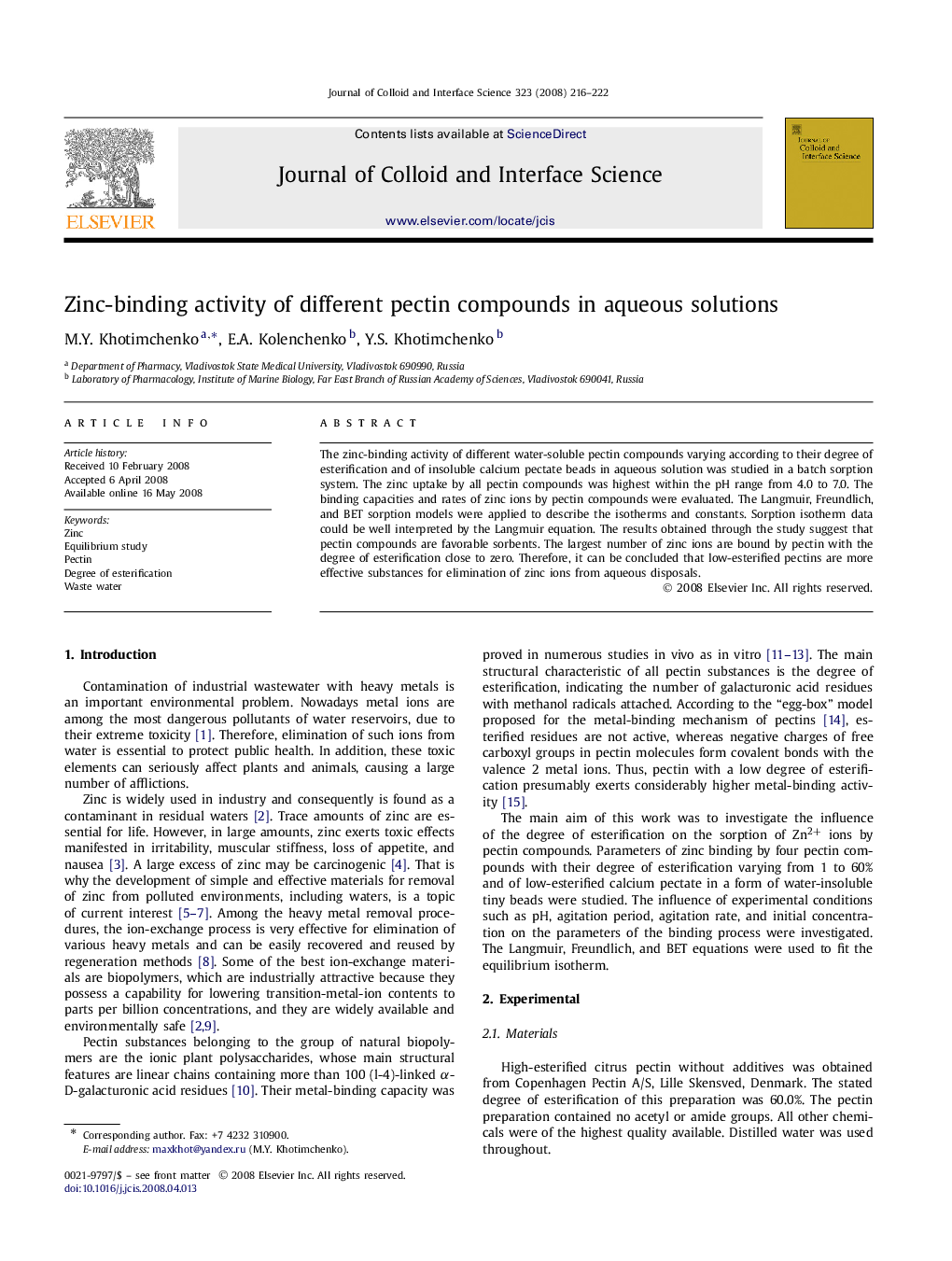 Zinc-binding activity of different pectin compounds in aqueous solutions