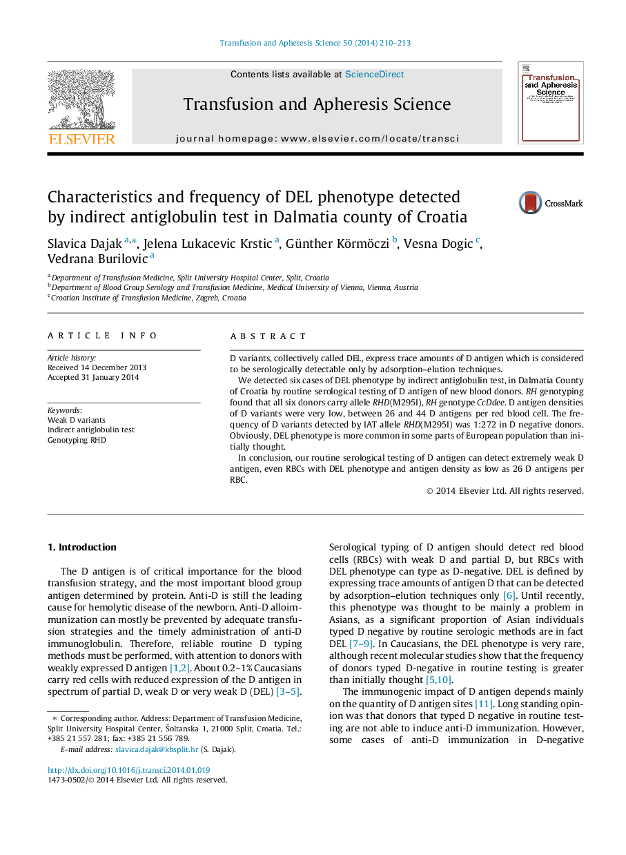 Characteristics and frequency of DEL phenotype detected by indirect antiglobulin test in Dalmatia county of Croatia