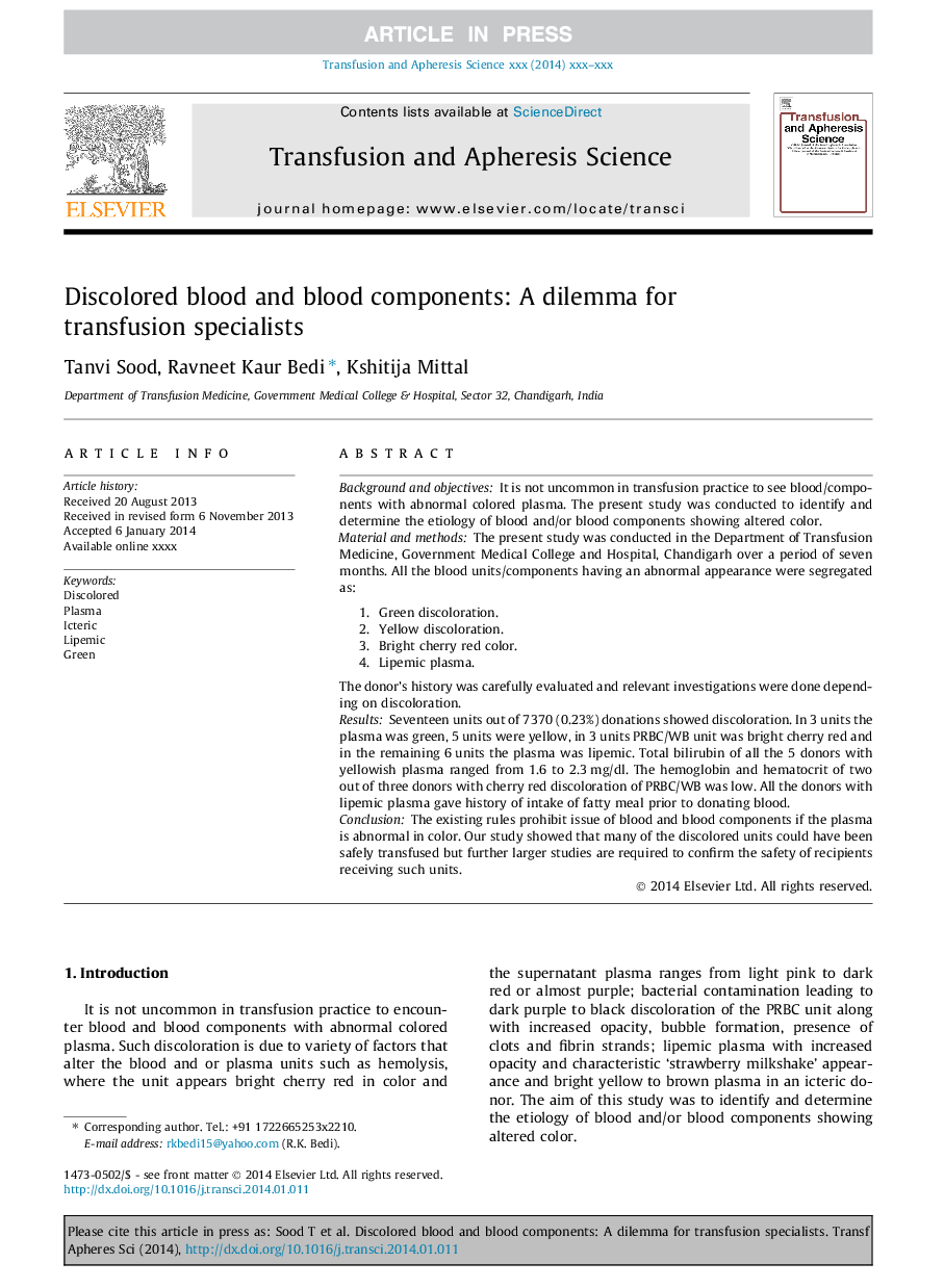 Discolored blood and blood components: A dilemma for transfusion specialists
