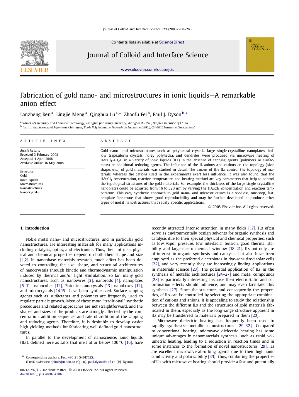 Fabrication of gold nano- and microstructures in ionic liquids—A remarkable anion effect