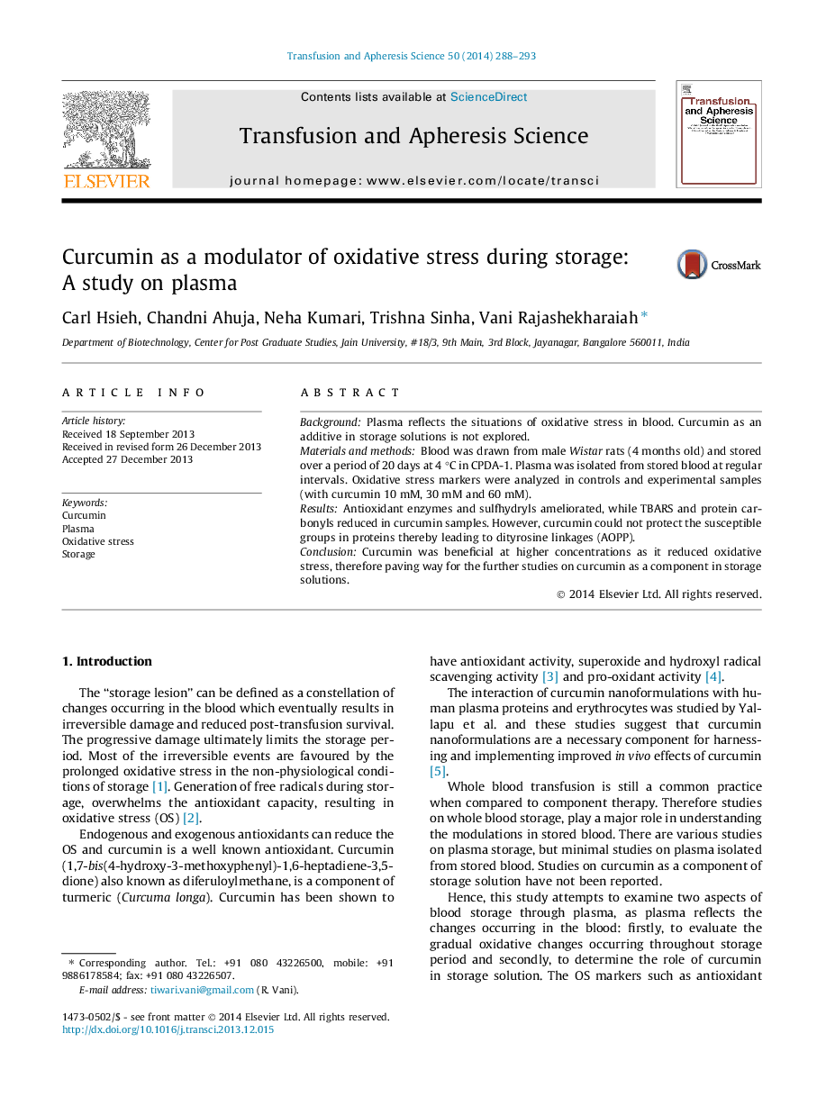 Curcumin as a modulator of oxidative stress during storage: A study on plasma