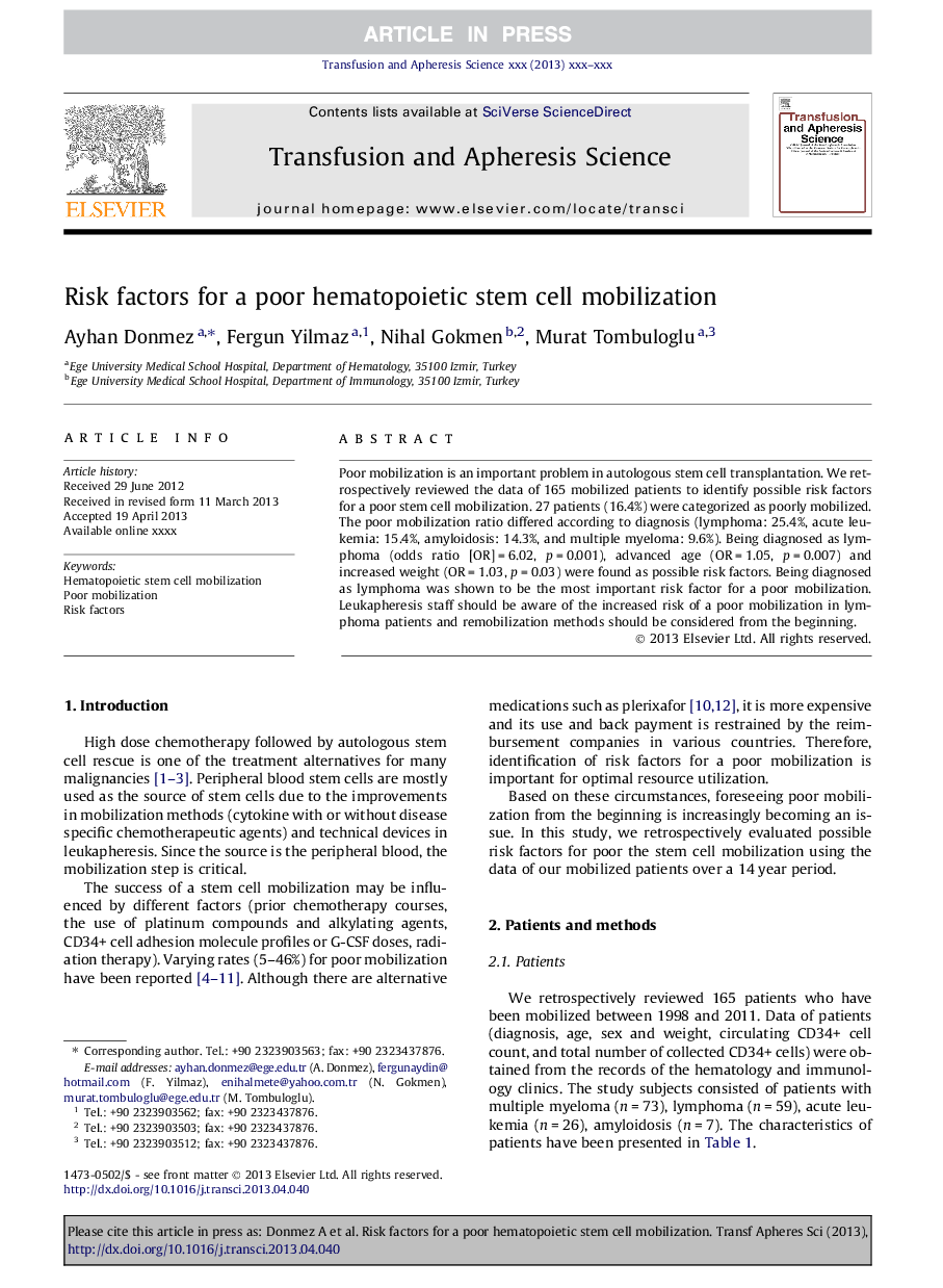 Risk factors for a poor hematopoietic stem cell mobilization