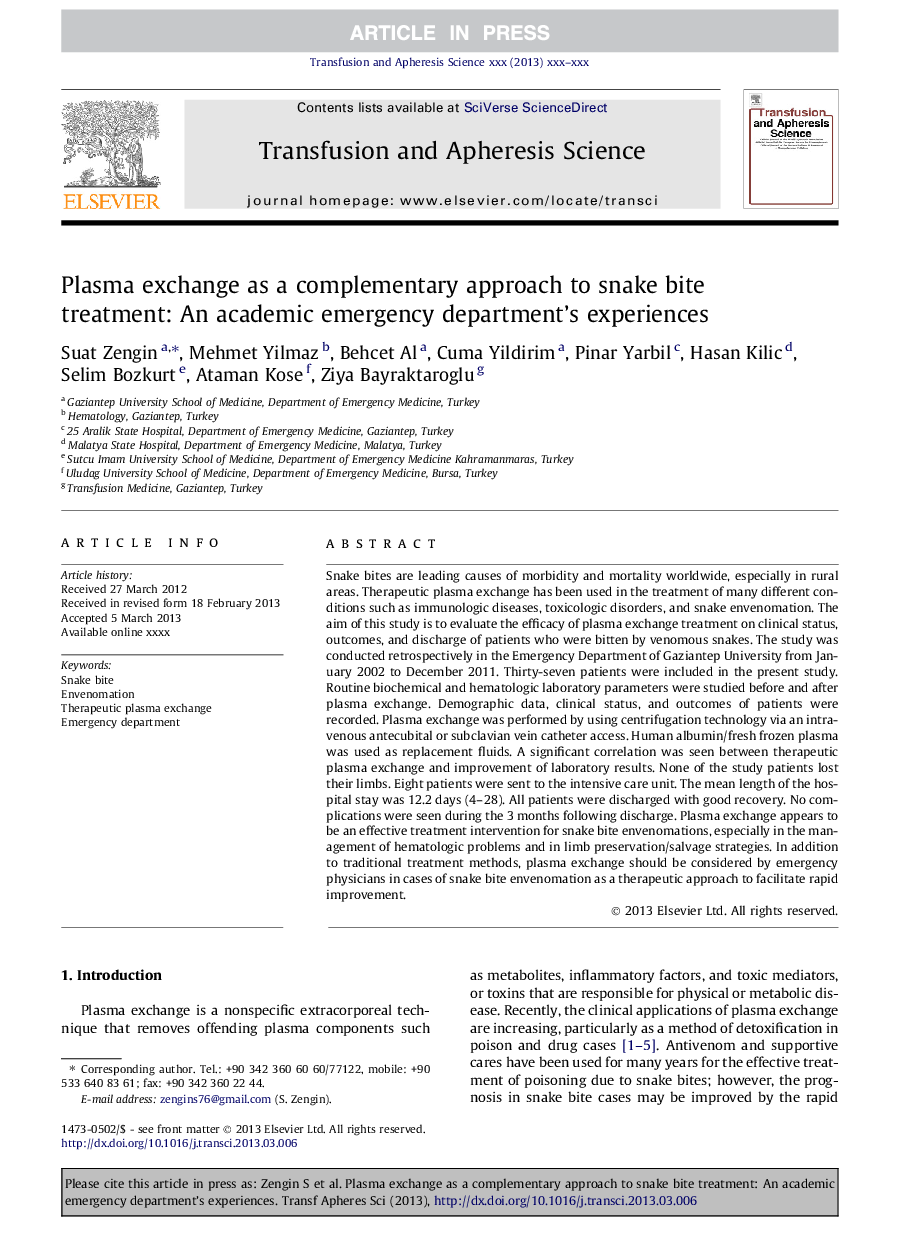 Plasma exchange as a complementary approach to snake bite treatment: An academic emergency department's experiences