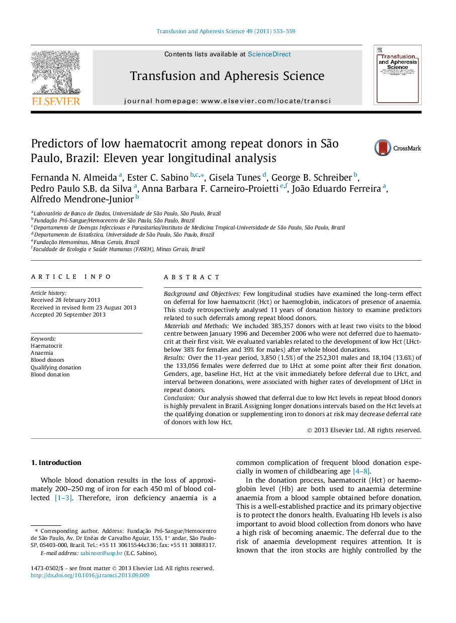 Predictors of low haematocrit among repeat donors in SÃ£o Paulo, Brazil: Eleven year longitudinal analysis