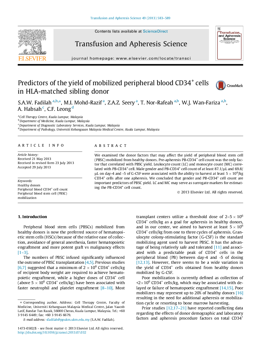 Predictors of the yield of mobilized peripheral blood CD34+ cells in HLA-matched sibling donor