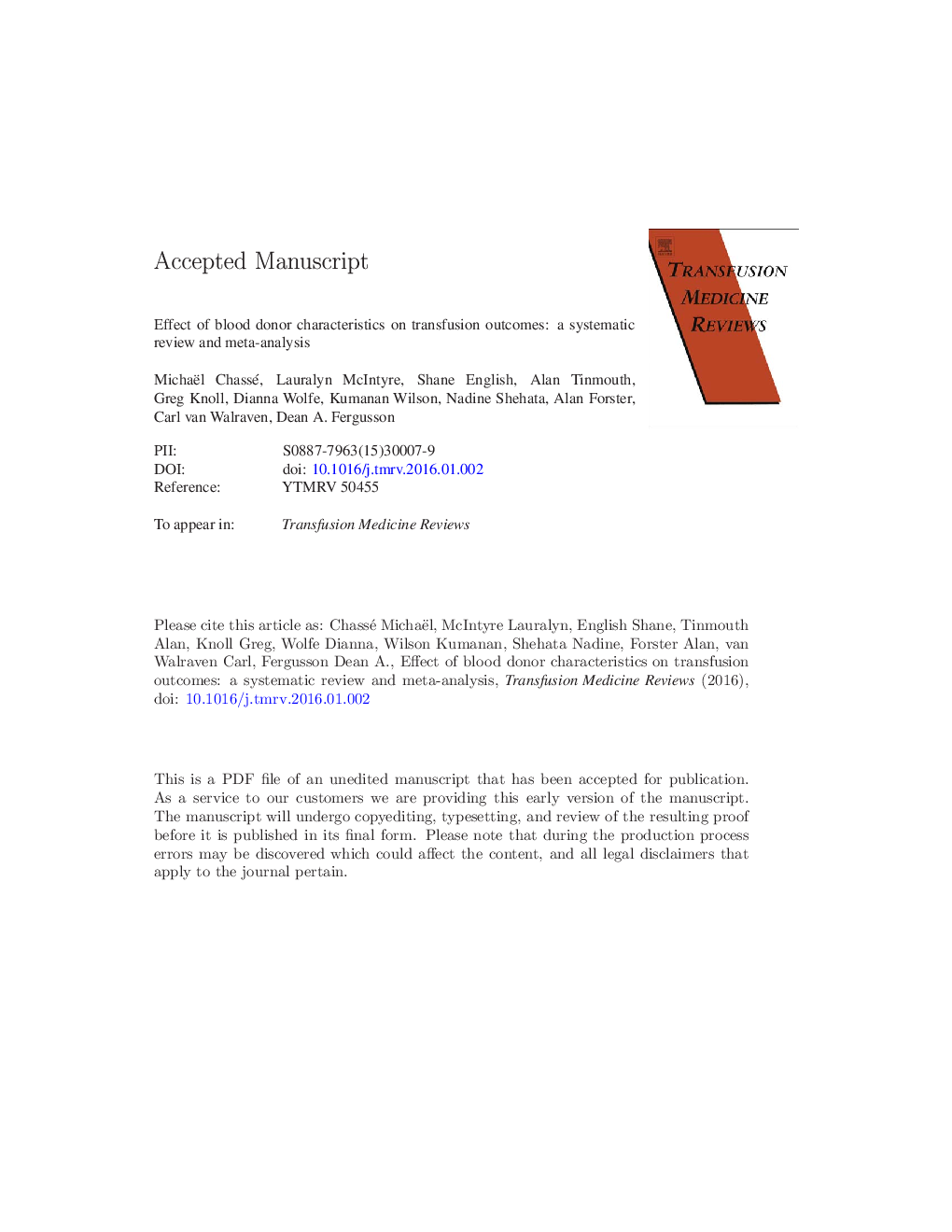 Effect of Blood Donor Characteristics on Transfusion Outcomes: A Systematic Review and Meta-Analysis