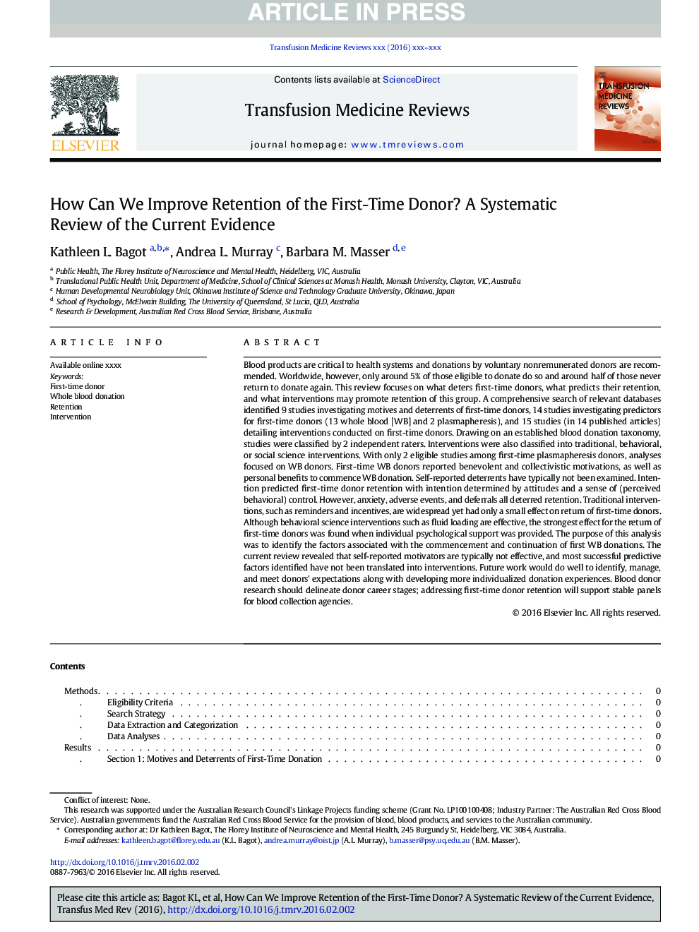 How Can We Improve Retention of the First-Time Donor? A Systematic Review of the Current Evidence