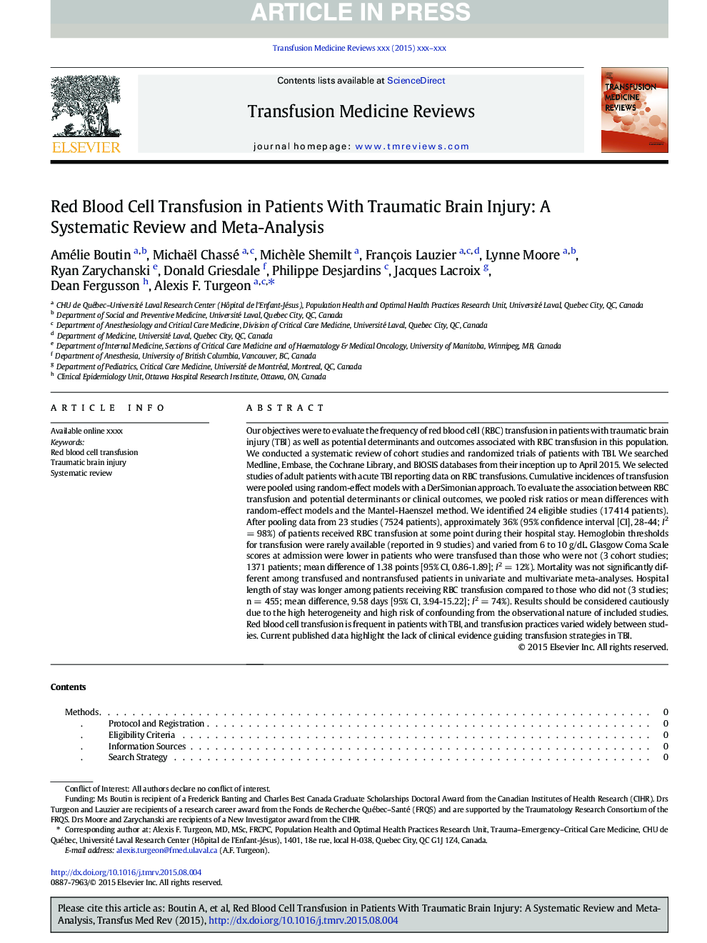 Red Blood Cell Transfusion in Patients With Traumatic Brain Injury: A Systematic Review and Meta-Analysis