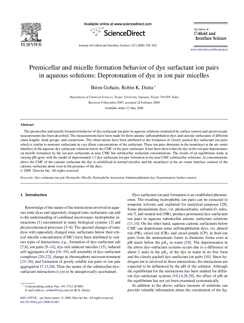 Premicellar and micelle formation behavior of dye surfactant ion pairs in aqueous solutions: Deprotonation of dye in ion pair micelles