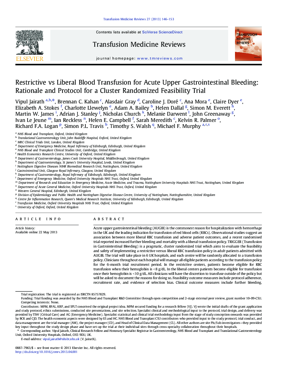 Restrictive vs Liberal Blood Transfusion for Acute Upper Gastrointestinal Bleeding: Rationale and Protocol for a Cluster Randomized Feasibility Trial