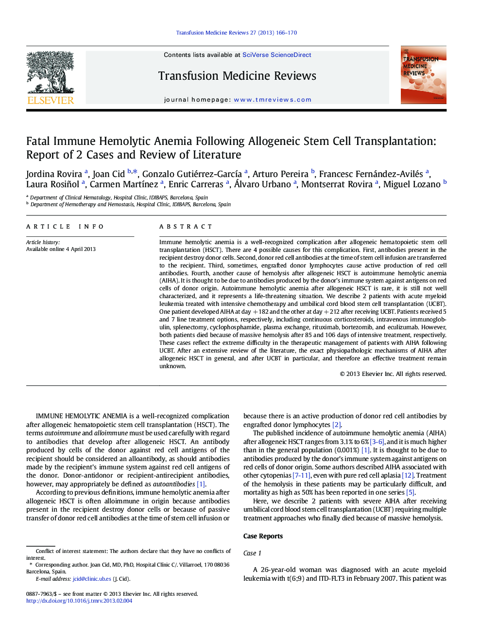 Fatal Immune Hemolytic Anemia Following Allogeneic Stem Cell Transplantation: Report of 2 Cases and Review of Literature