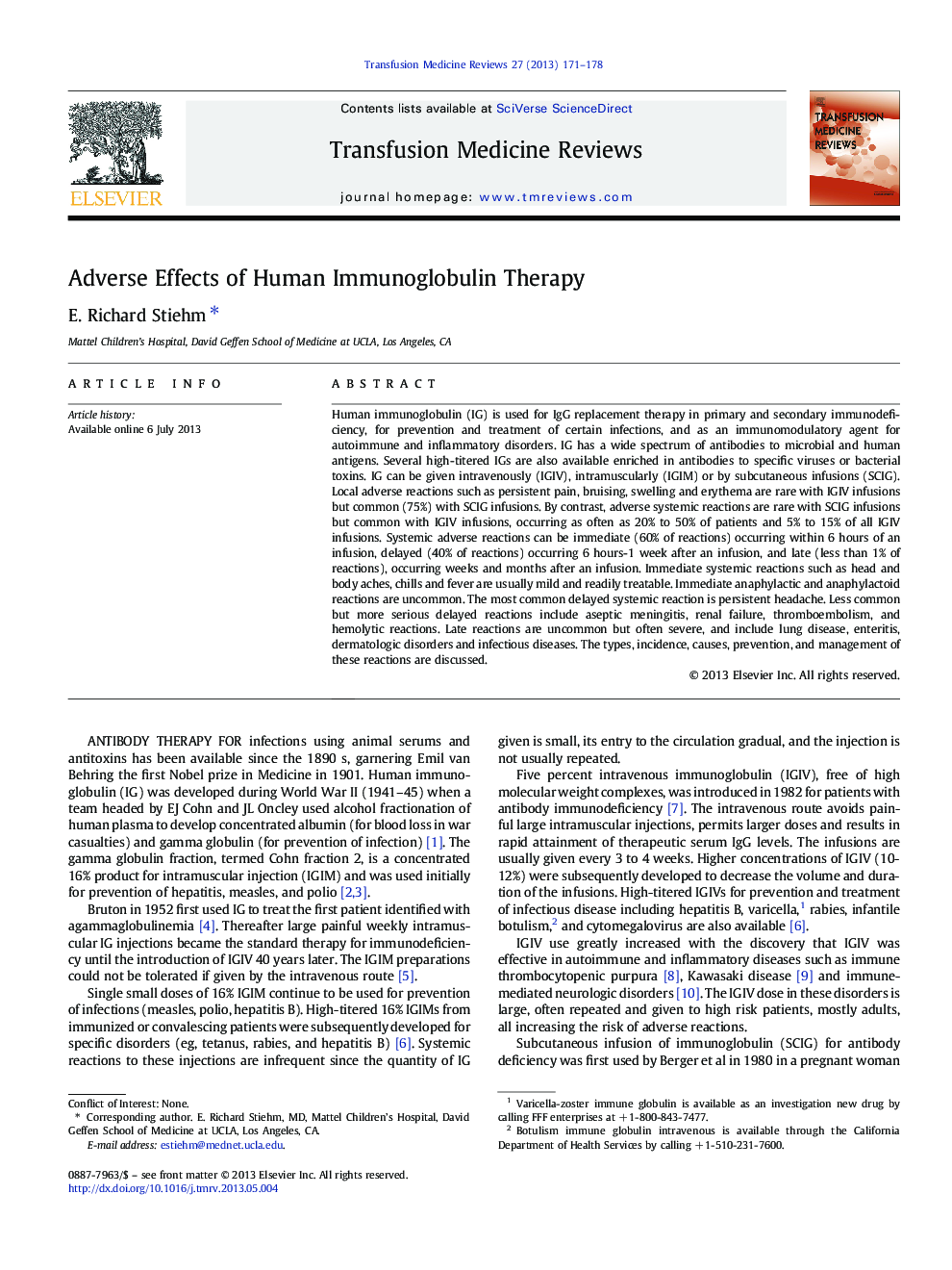 Adverse Effects of Human Immunoglobulin Therapy