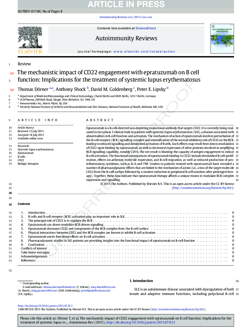 The mechanistic impact of CD22 engagement with epratuzumab on B cell function: Implications for the treatment of systemic lupus erythematosus