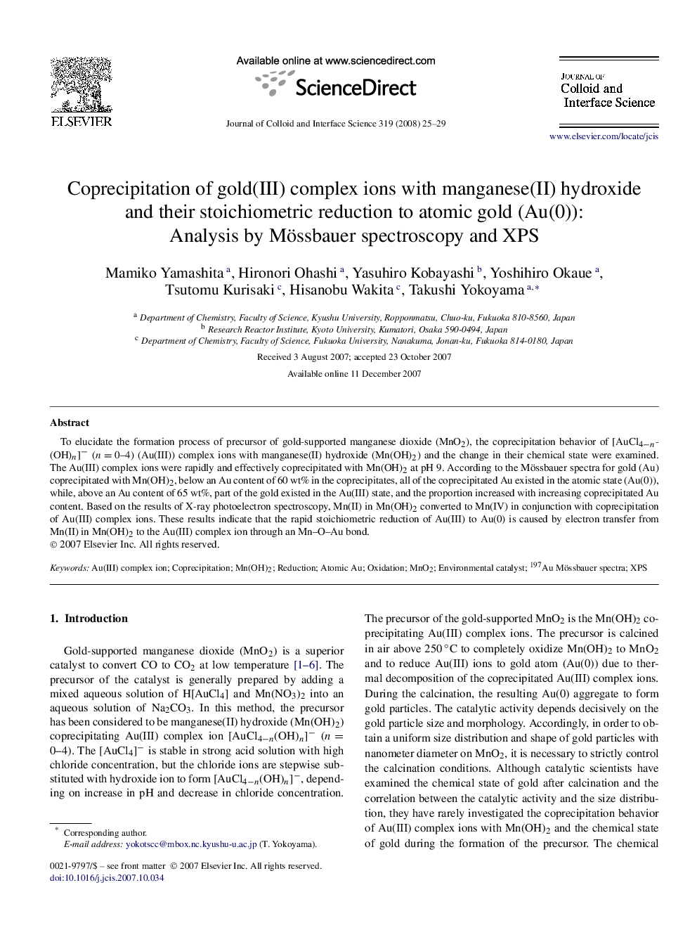 Coprecipitation of gold(III) complex ions with manganese(II) hydroxide and their stoichiometric reduction to atomic gold (Au(0)): Analysis by Mössbauer spectroscopy and XPS