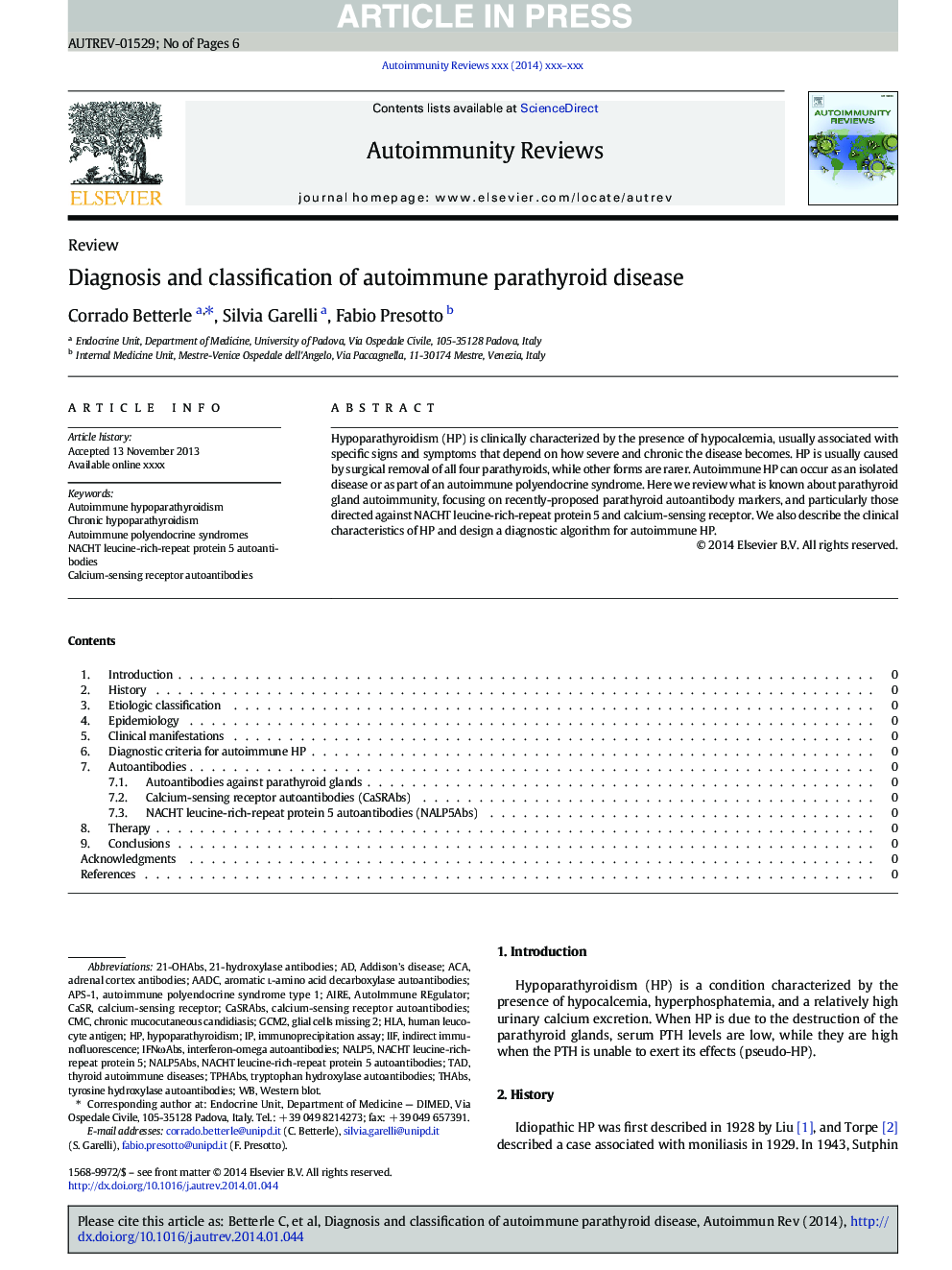 Diagnosis and classification of autoimmune parathyroid disease