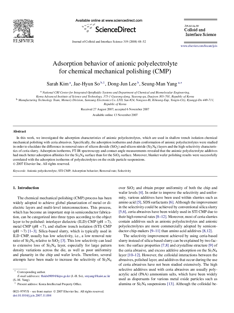 Adsorption behavior of anionic polyelectrolyte for chemical mechanical polishing (CMP)