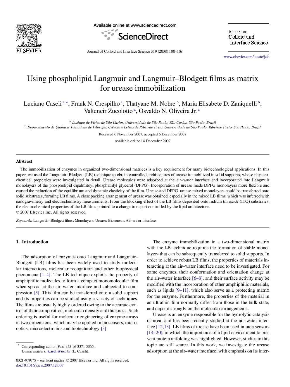 Using phospholipid Langmuir and Langmuir–Blodgett films as matrix for urease immobilization