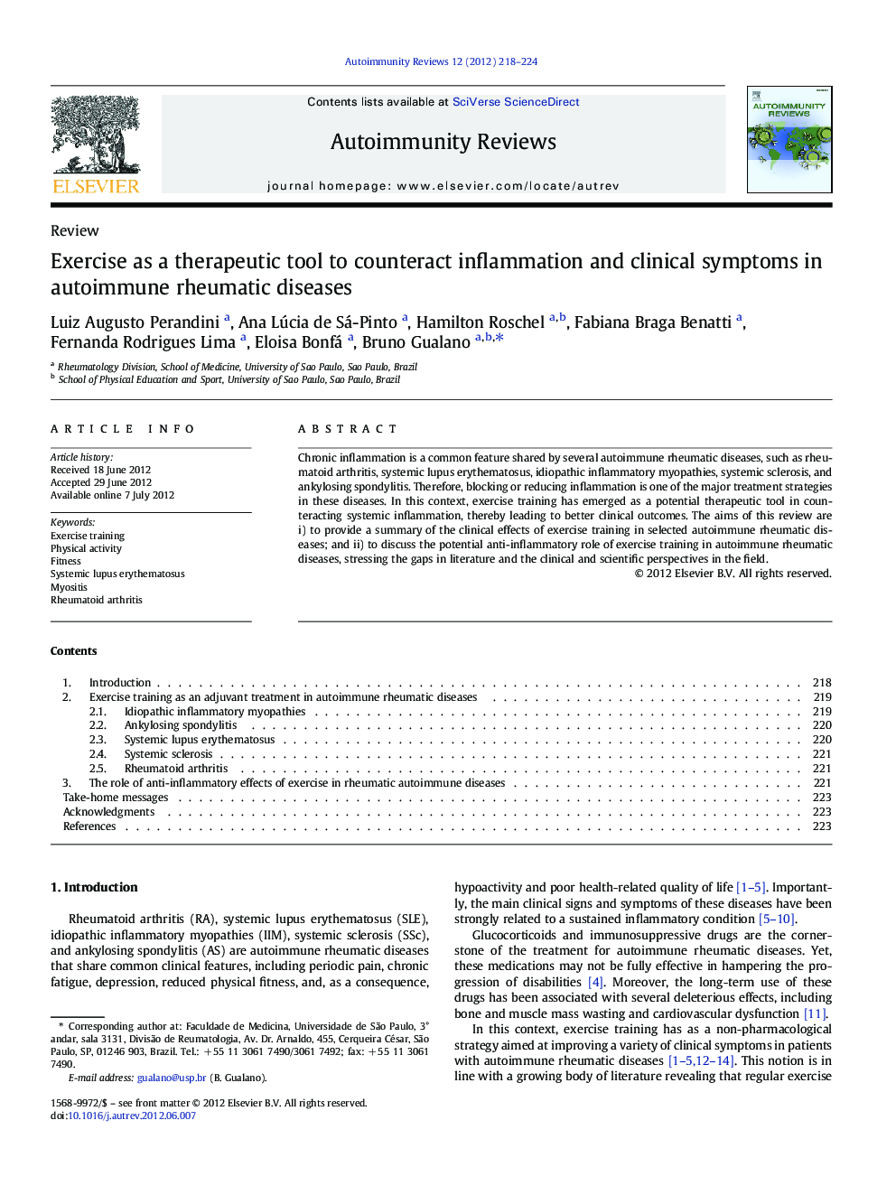 Exercise as a therapeutic tool to counteract inflammation and clinical symptoms in autoimmune rheumatic diseases