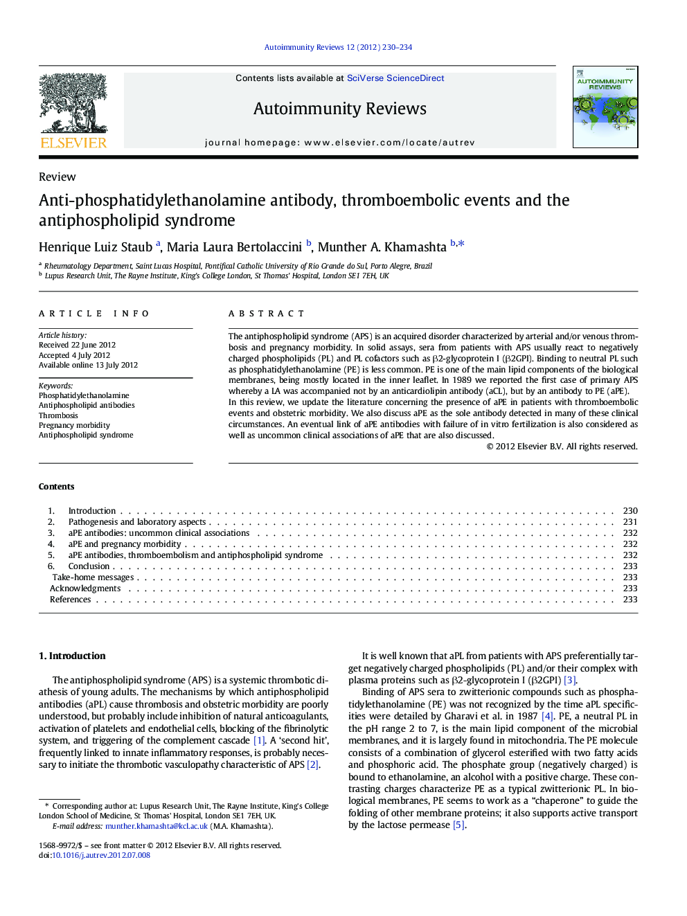 Anti-phosphatidylethanolamine antibody, thromboembolic events and the antiphospholipid syndrome