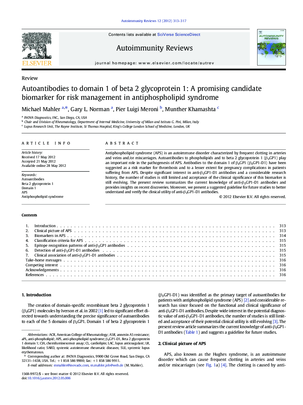 Autoantibodies to domain 1 of beta 2 glycoprotein 1: A promising candidate biomarker for risk management in antiphospholipid syndrome