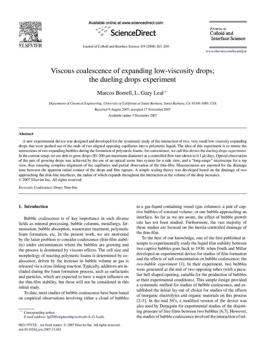 عکس صفحه اول مقاله: Viscous coalescence of expanding low-viscosity drops; the dueling drops experiment Viscous coalescence of expanding low-viscosity drops; the dueling drops experiment