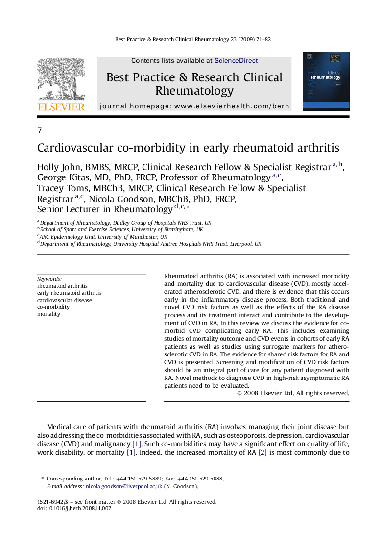 Cardiovascular co-morbidity in early rheumatoid arthritis