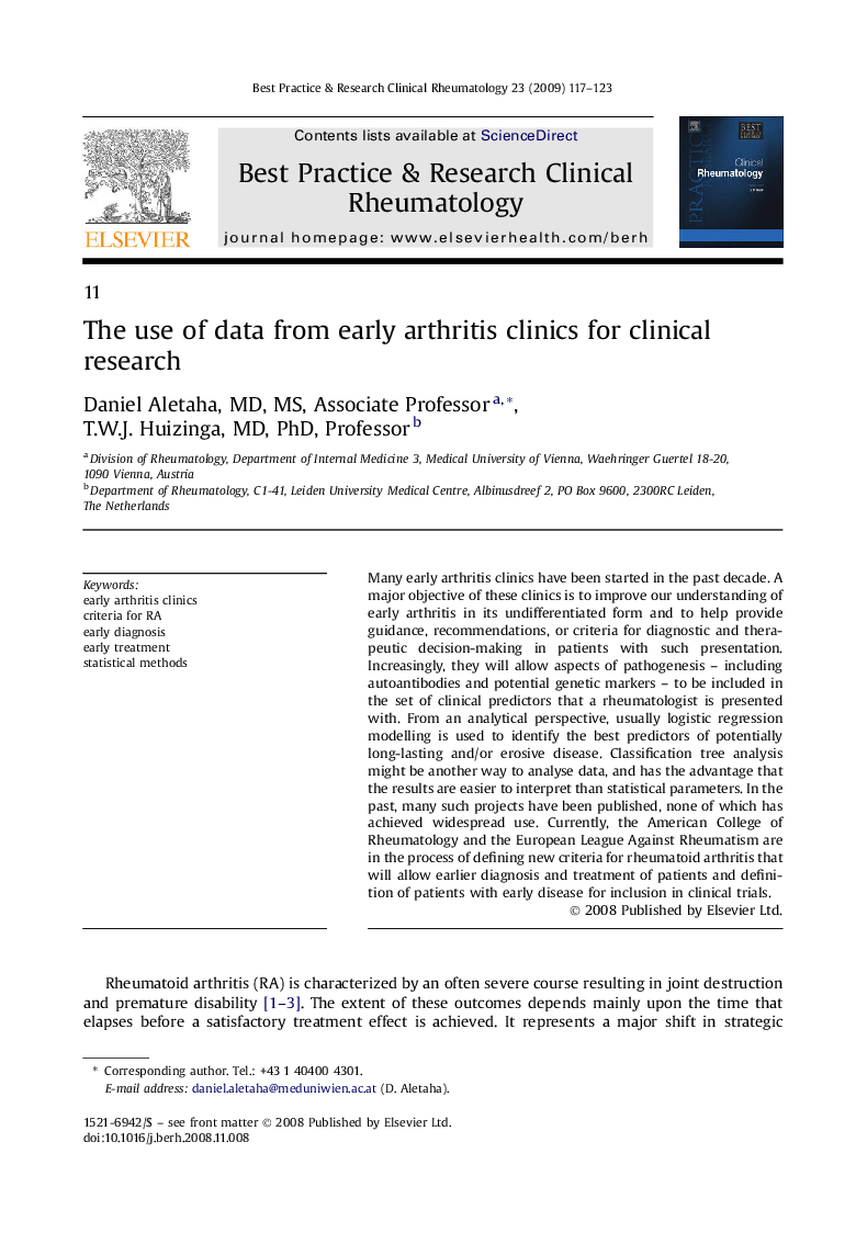 The use of data from early arthritis clinics for clinical research