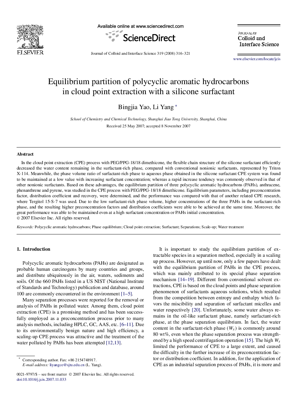 Equilibrium partition of polycyclic aromatic hydrocarbons in cloud point extraction with a silicone surfactant