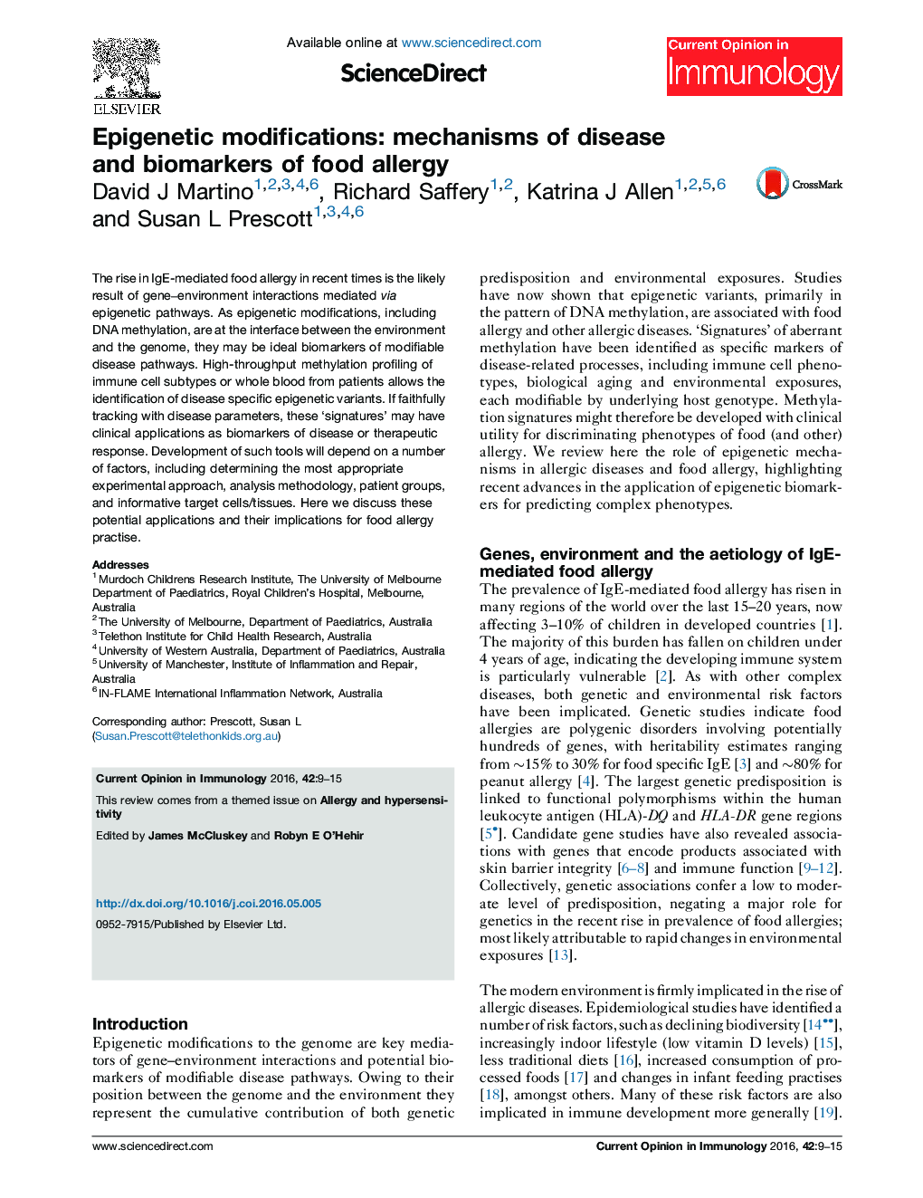 Epigenetic modifications: mechanisms of disease and biomarkers of food allergy
