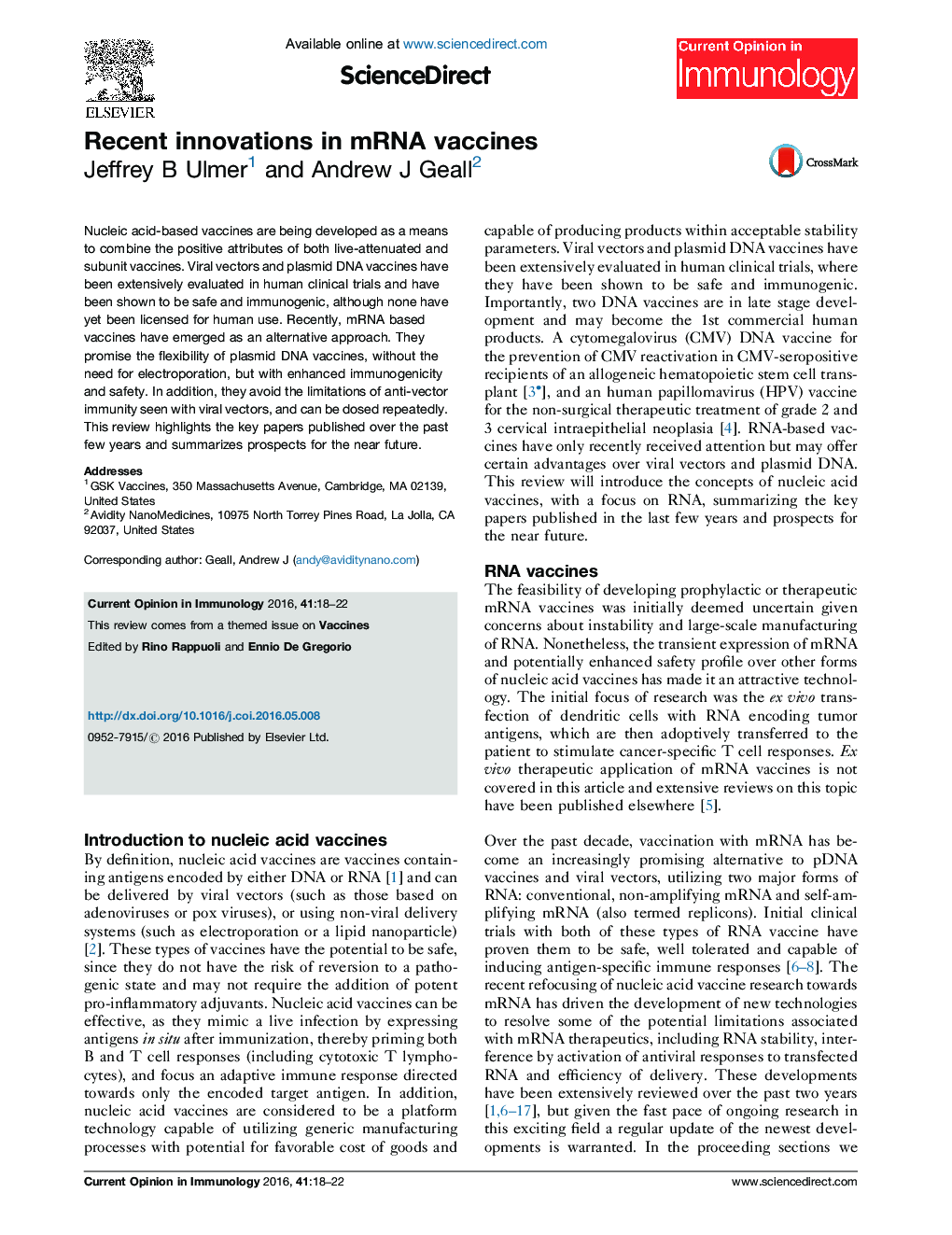 Recent innovations in mRNA vaccines