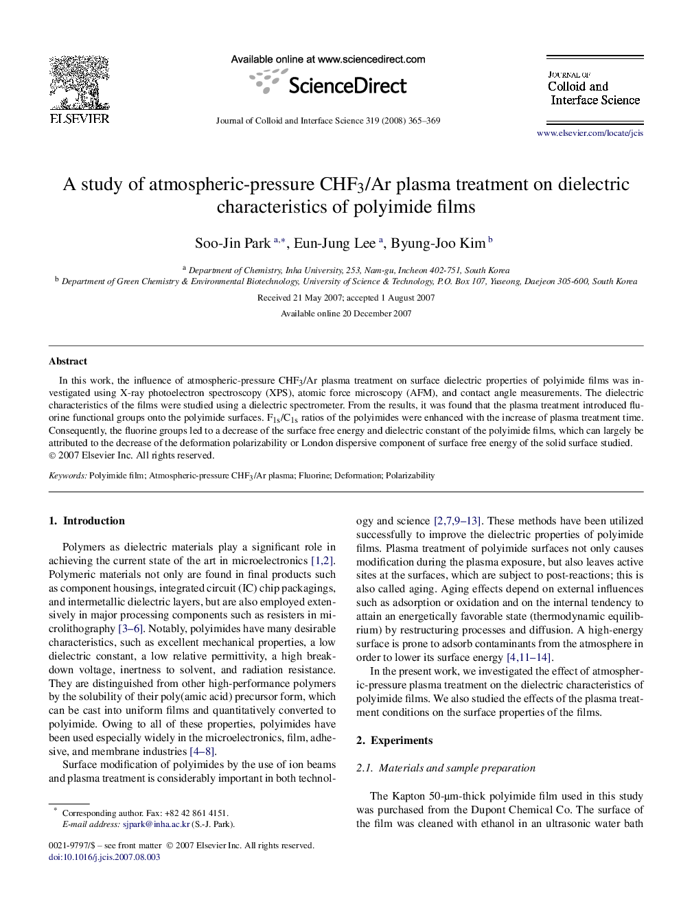 A study of atmospheric-pressure CHF3/Ar plasma treatment on dielectric characteristics of polyimide films