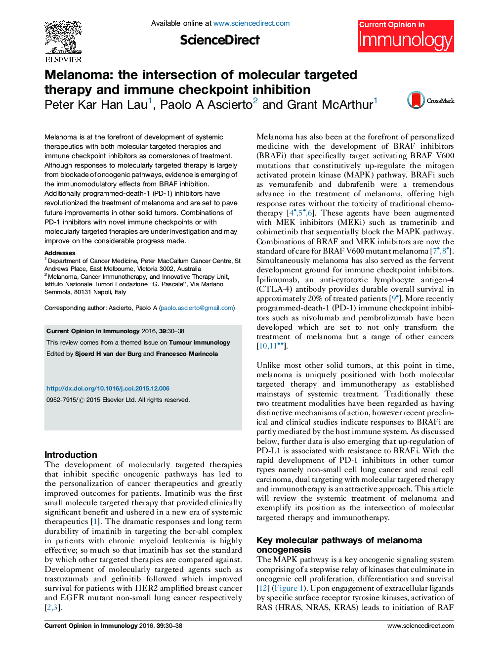 Melanoma: the intersection of molecular targeted therapy and immune checkpoint inhibition