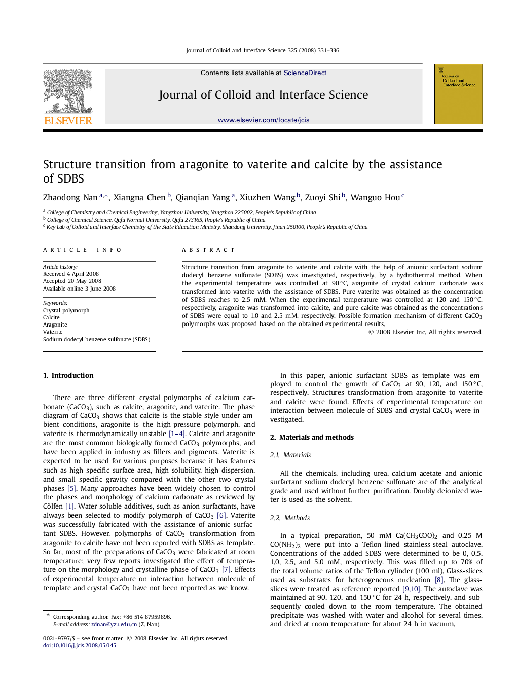 Structure transition from aragonite to vaterite and calcite by the assistance of SDBS