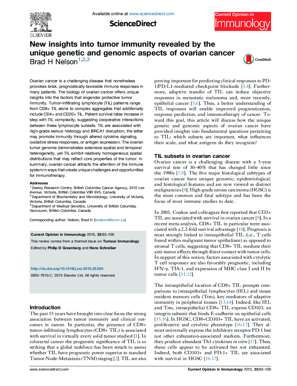 New insights into tumor immunity revealed by the unique genetic and genomic aspects of ovarian cancer