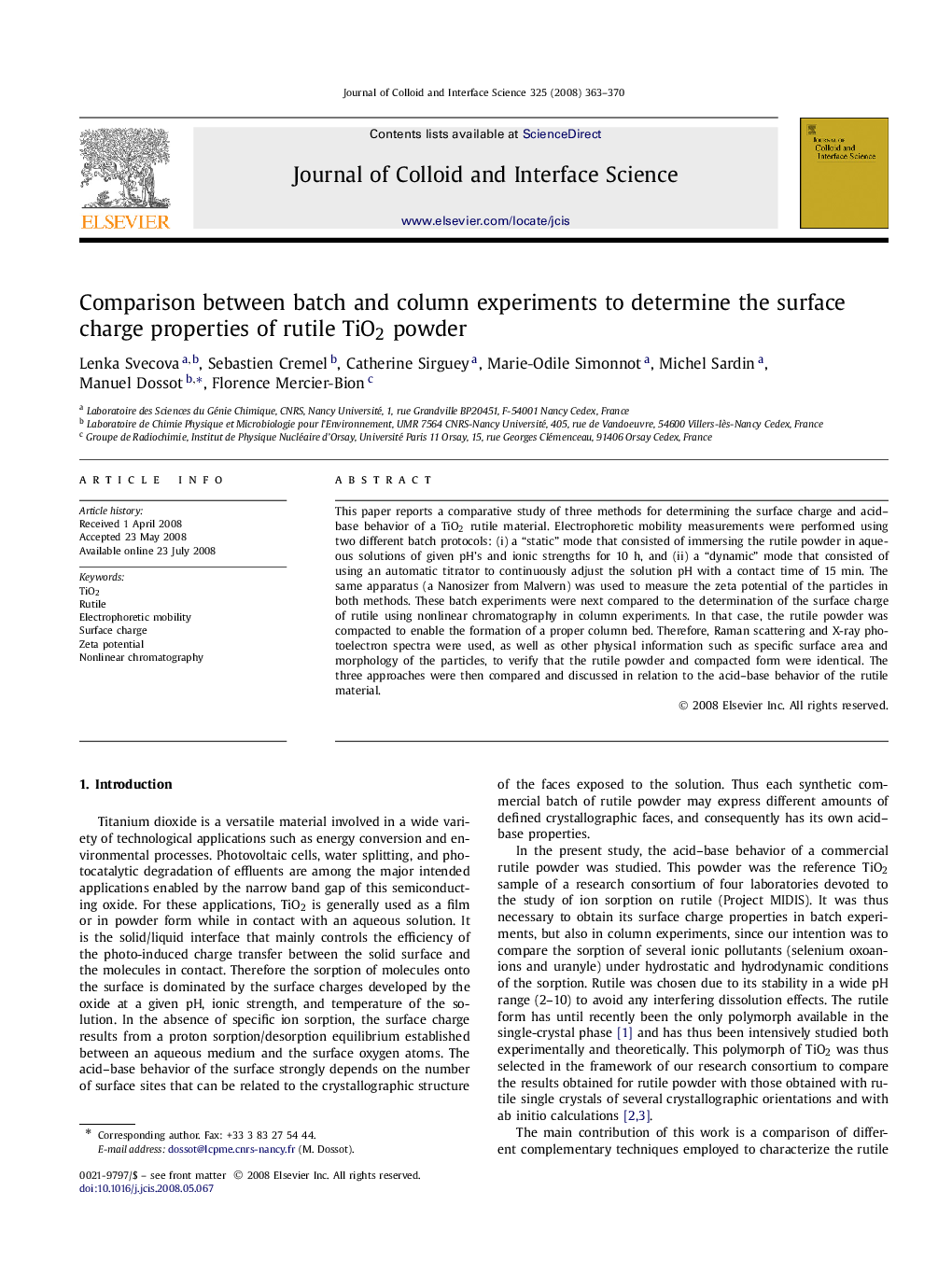 Comparison between batch and column experiments to determine the surface charge properties of rutile TiO2 powder