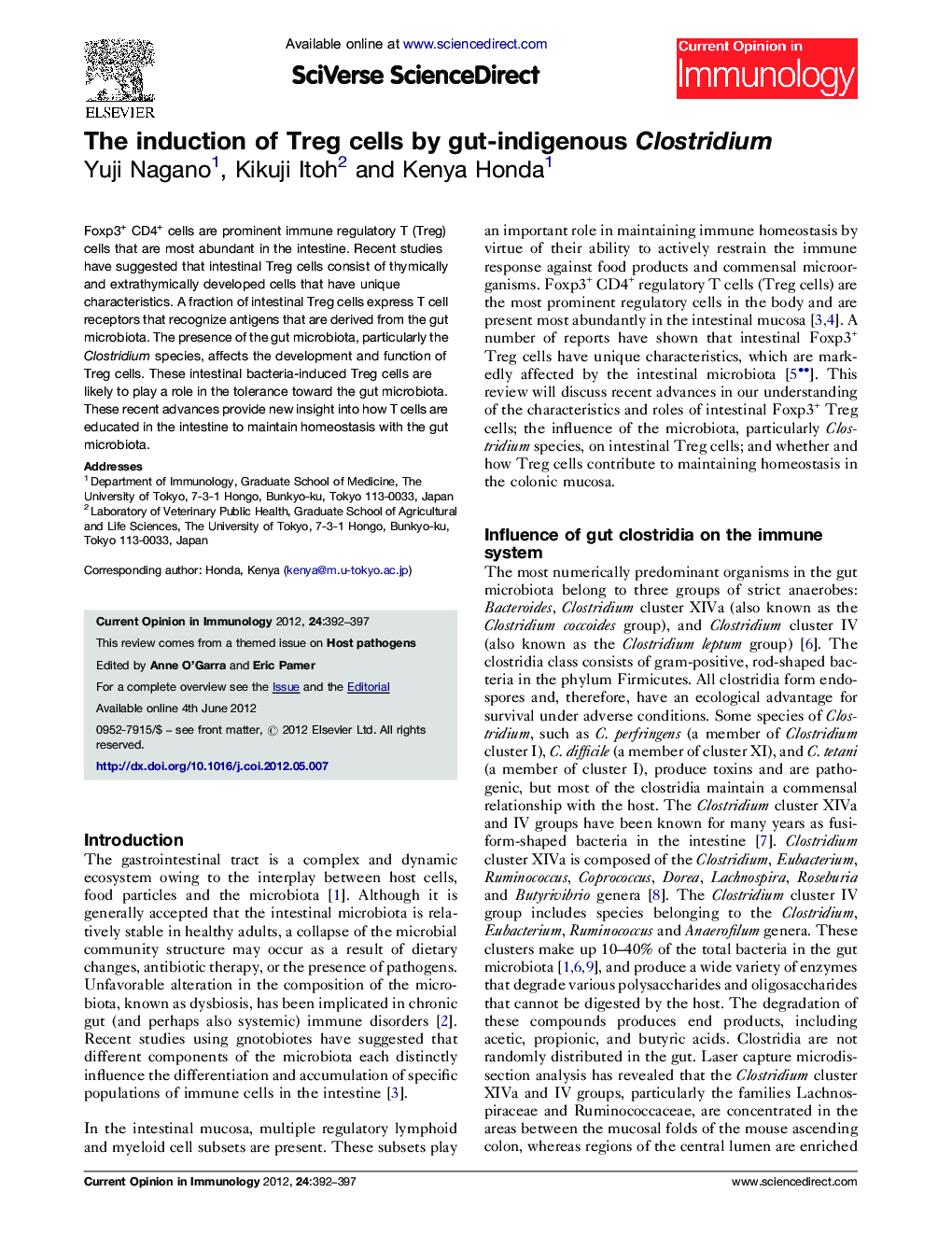 عکس صفحه اول مقاله: The induction of Treg cells by gut-indigenous Clostridium The induction of Treg cells by gut-indigenous Clostridium