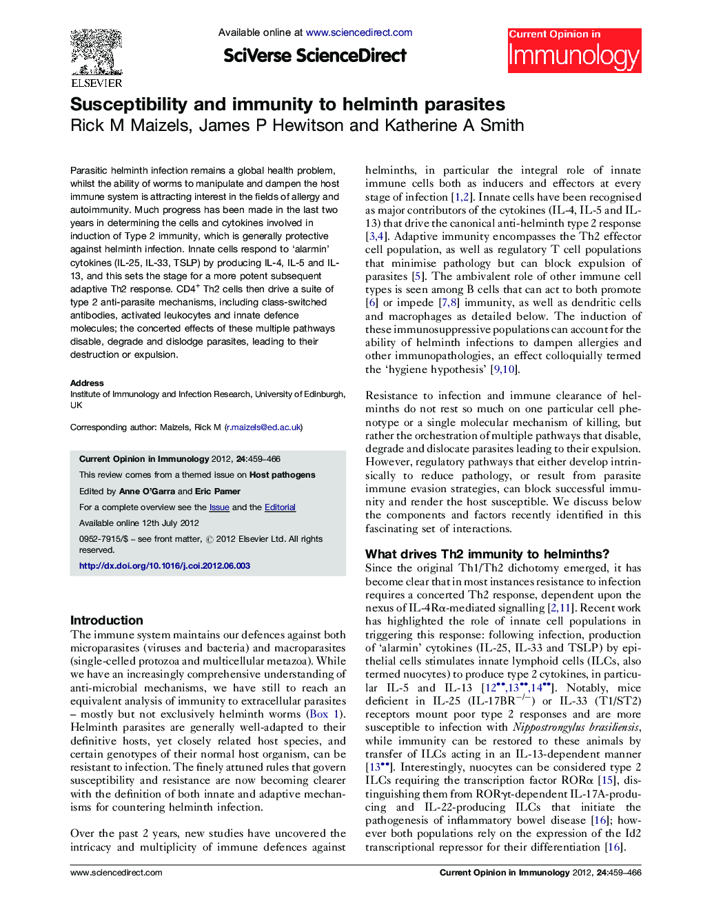 عکس صفحه اول مقاله: Susceptibility and immunity to helminth parasites Susceptibility and immunity to helminth parasites