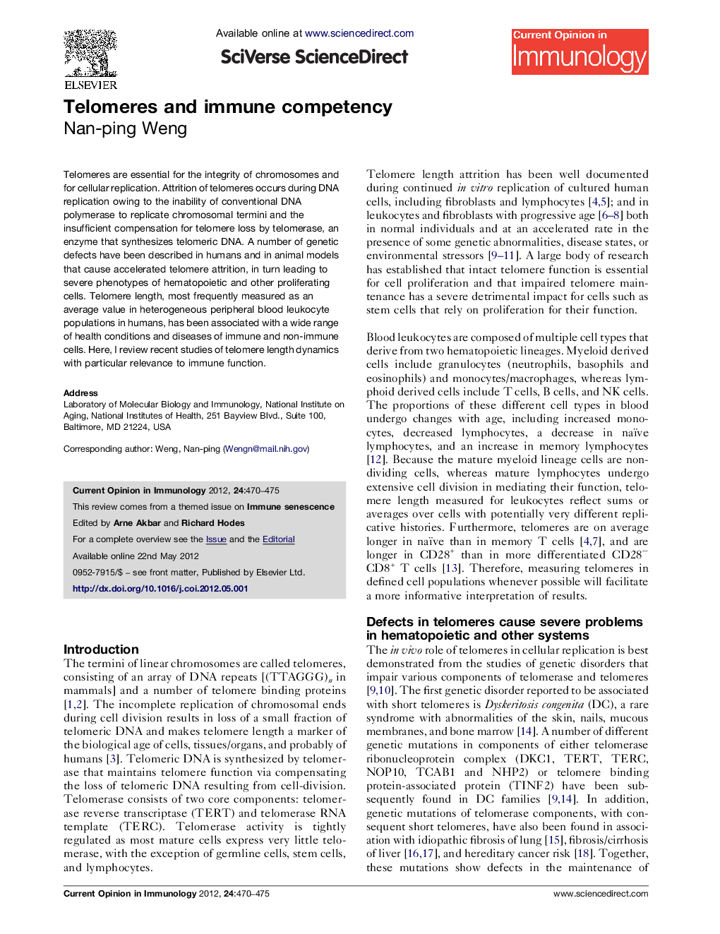 Telomeres and immune competency