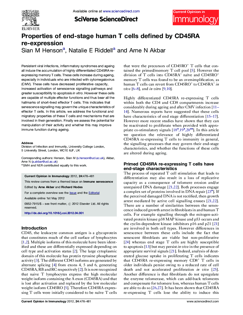 Properties of end-stage human T cells defined by CD45RA re-expression