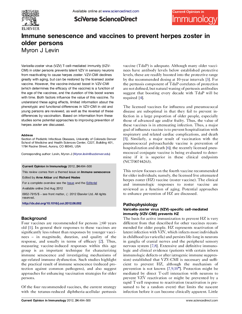 عکس صفحه اول مقاله: Immune senescence and vaccines to prevent herpes zoster in older persons Immune senescence and vaccines to prevent herpes zoster in older persons