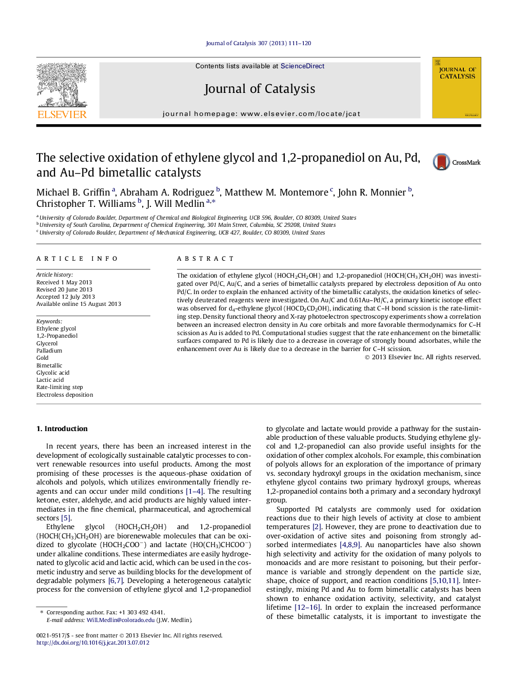 The selective oxidation of ethylene glycol and 1,2-propanediol on Au, Pd, and Au–Pd bimetallic catalysts