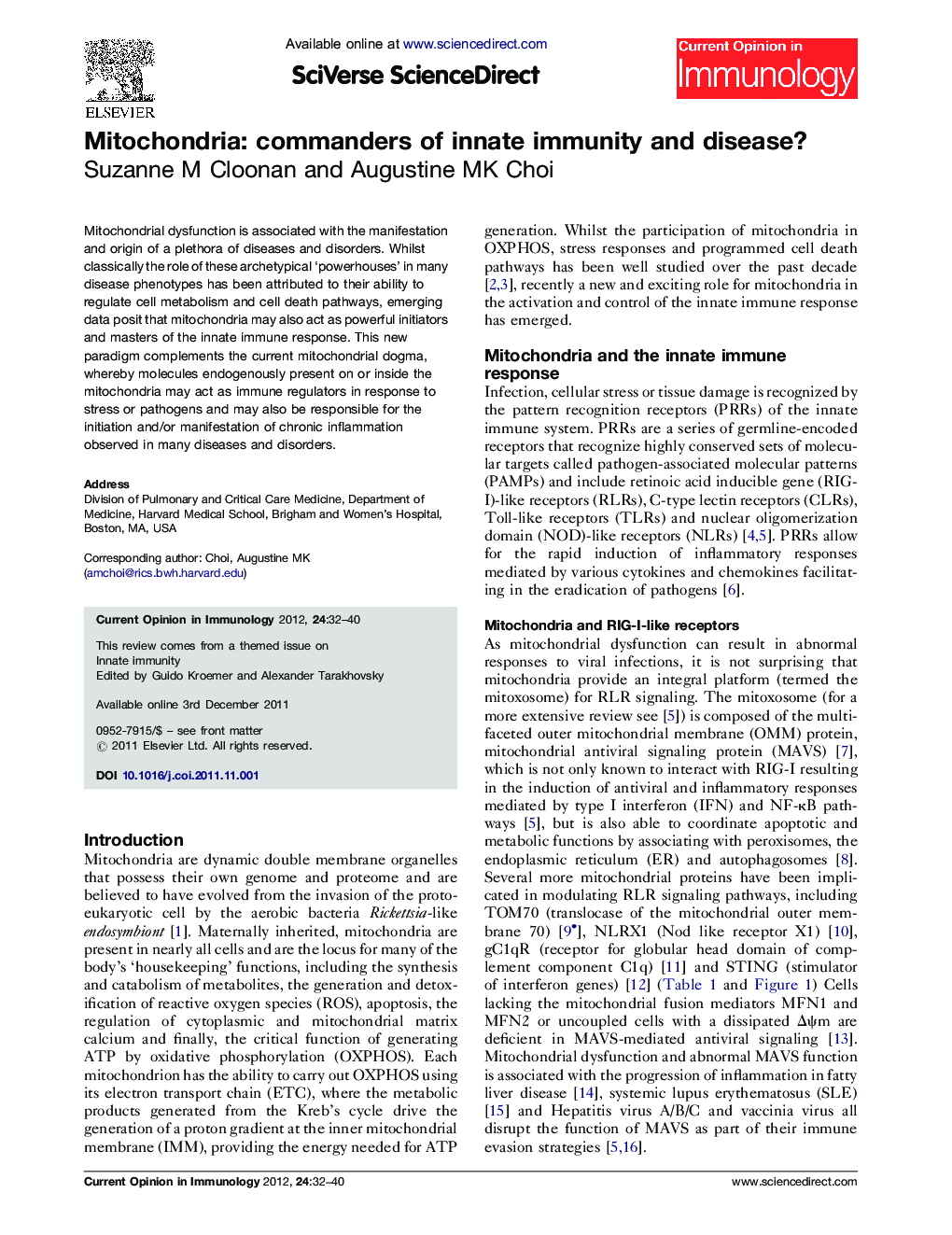 Mitochondria: commanders of innate immunity and disease?